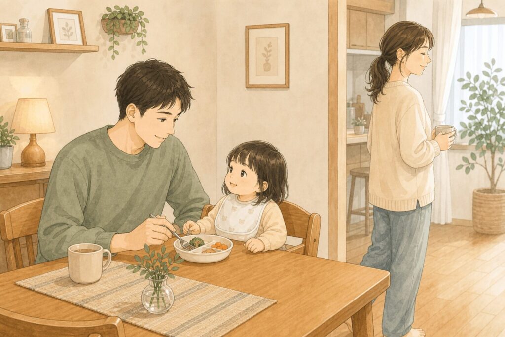 子どもの食事見守りをパートナーと交代する女性