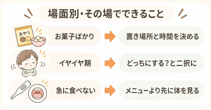 場面別にその場でできること。お菓子ばかり、イヤイヤ期、急に食べないときの対応
