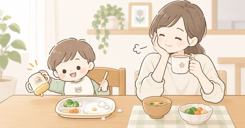 ごはんが残った食卓で、お茶を飲みながら穏やかに過ごす母親と子どものイラスト